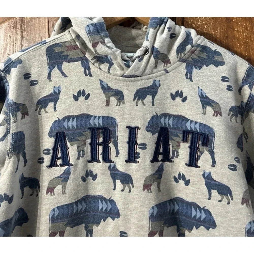 Ariat REAL AOP Sweatshirt Hoodie Womens All Over Print Wild Buffalo Wolf Small‎